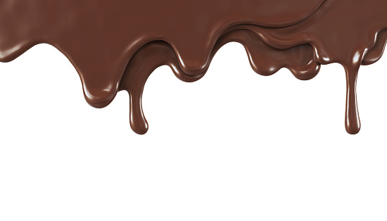 Chocolate marrón derretido goteando sobre fondo blanco, ilustración 3D. photo