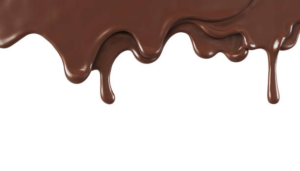 chocolat brun fondu dégoulinant sur fond blanc, illustration 3d. - nappage photos et images de collection