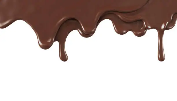 Photo of Melted brown chocolate dripping on white background, 3D illustration.