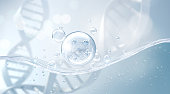 Cosmetic Essence, Liquid bubble, Molecule inside Liquid Bubble on water background, 3d rendering