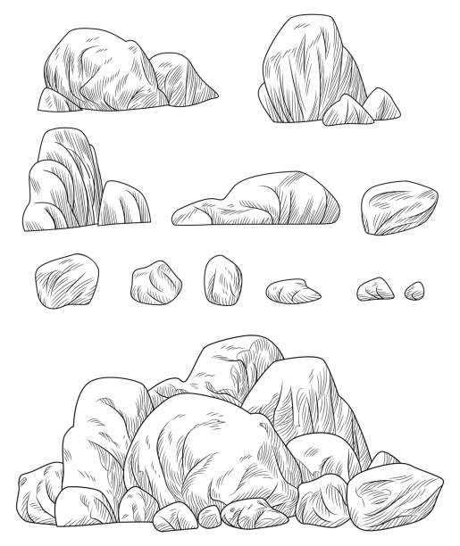 ilustrações de stock, clip art, desenhos animados e ícones de rock stone drawing set - rock stone stack textured