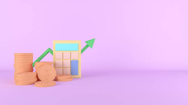 istock Stack of cartoon coins and calculator with line graph arrow on purple background with copy space. Money savings and financial investment concept, 3d rendering. 1398449594