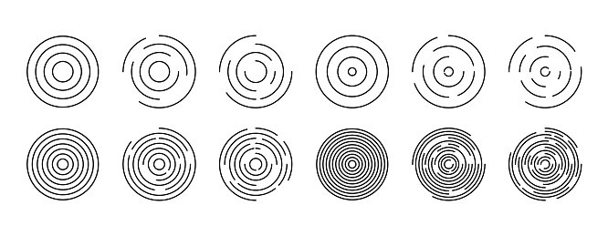 Concentric vortex circles, circular ripple lines design. Dynamic abstract black spiral. Thin radial burst background. Vector. Graphic round random swirl shapes. Arc curve whirlwind sonars. EPS10.