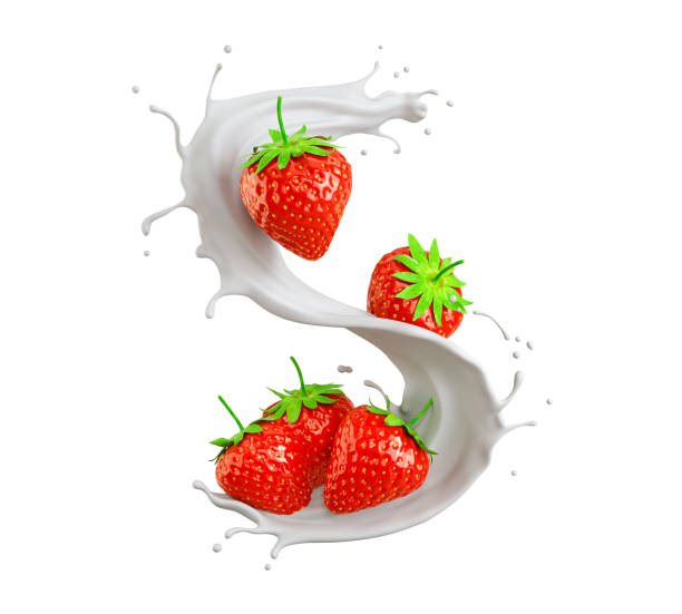 istock milk splash with strawberry isolated on white background, 3d illustration. 1398450386