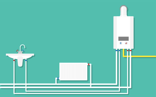 illustrazioni stock, clip art, cartoni animati e icone di tendenza di sistema di acqua con pompa, tubi, caldaia per casa. caldaia per il riscaldamento del tubo della casa e pompa per l'impianto idraulico. radiatore per riscaldamento ambiente. bagno e rubinetto vettoriale - boiler fuel pump pipe engineering