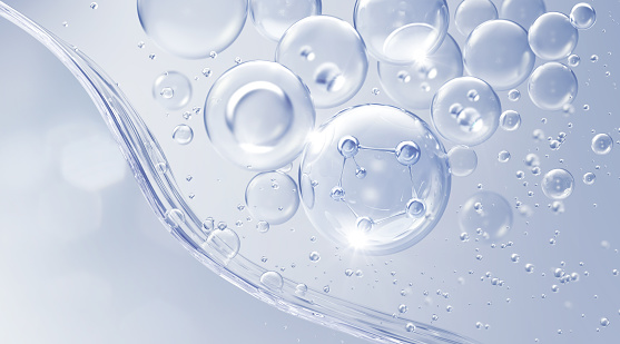 Cosmetic Essence, Liquid bubble, Molecule inside Liquid Bubble on water background, 3d rendering