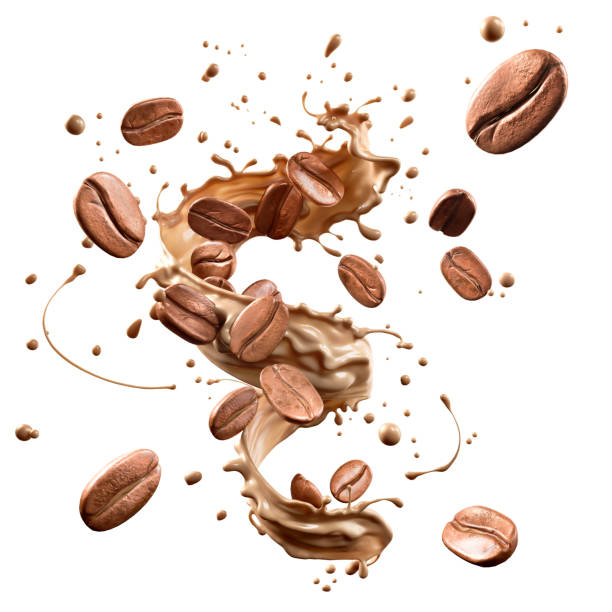 istock Milk coffee splash with Coffee Bean falling, 3d illustration. 1398450448