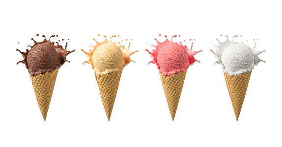 Chocolate, vanilla milk and pink strawberry Ice cream splash in the cone on white background include clipping path 3d rendering.