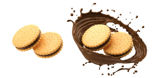 istock Sandwich cookies with chocolate fill, 3d illustration for biscuit package design. 1398450564