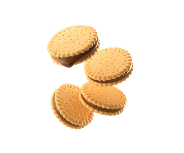 istock Sandwich cookies with chocolate fill, 3d illustration for biscuit package design. 1398450567
