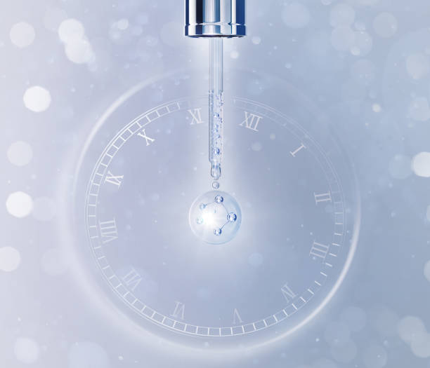 istock Cosmetic pipette with Cosmetic Essence Serum Liquid drop on a white background with time stop clock, 3d rendering. 1398450801