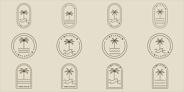 set of simple palm tree line art vector minimalist illustration template icon graphic design. bundle collection of various island and beach sign or symbol for travel or adventure business with badge