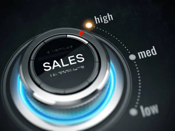 Photo of Great Sales concept - sales switch button positioned on maximum. 3d rendering