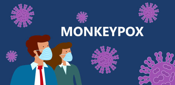 monkeypox  infectious disease spreading, outbreak of mpxv virus on blue background. woman and man in suit with blue medical face mask - 猴痘 插圖 幅插畫檔、美工圖案、卡通及圖標