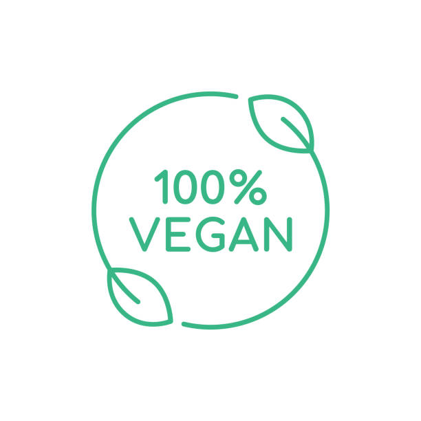Minimalistic 100% vegan logo, sign or stamp. Linear 100% vegan food symbol inside circle with leaves. Natural plant based diet. Healthy nutrition emblem. Veganism. Vector illustration, flat, clip art. vegan stock illustrations