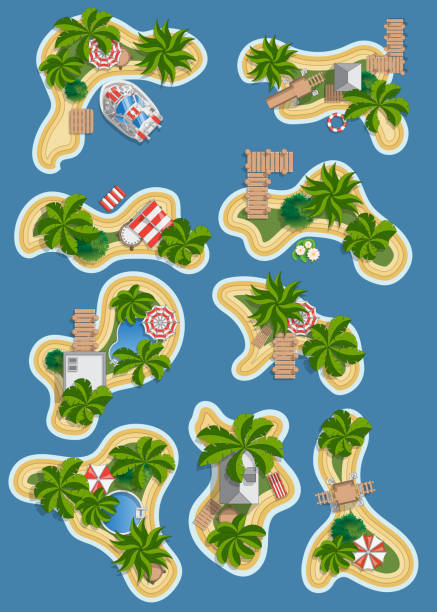 ilustraciones, imágenes clip art, dibujos animados e iconos de stock de conjunto de islas tropicales - island group