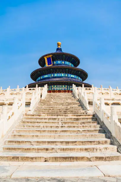 The main building of the Temple of Heaven in Beijing, China, old white marble stairs steps and guardrails