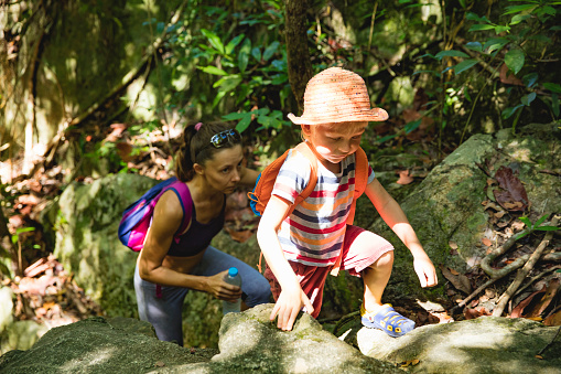 Woman and boy hiking in rainforest