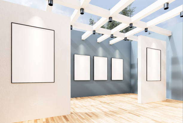 istock Empty room interior with white canvas in the gallery. 1398460287