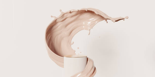 istock 3D beige podium display with liquid foundation splash on bright background. Nude and brown cream fluid flow with showcase, beauty product, cosmetics promotion.  abstract 3D render illustration 1398461650