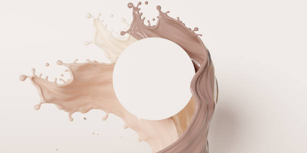 istock 3D beige display with liquid foundation splash swirl on studio background. Nude cream fluid flow with showcase for beauty product, cosmetics promotion.  Commercial, advert, abstract 3D render mockup 1398461677