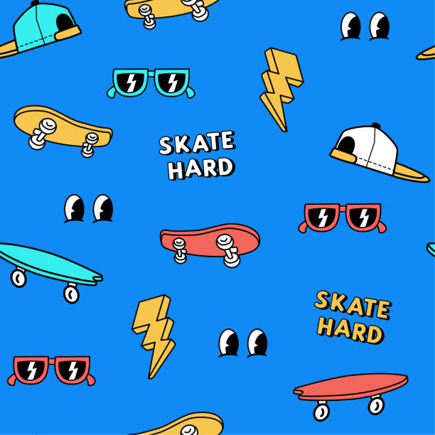 illustrazioni stock, clip art, cartoni animati e icone di tendenza di elementi di skateboard disegnati a mano senza motivo senza soluzione di continuità. sfondo skate. illustrazioni di doodle da skateboard. - pattinaggio