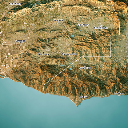 3D Render of a Topographic Map of the region around Thousand Oaks, Ventura County, Los Angeles County. Version with County Boundaries and city names.\nAll source data is in the public domain.\nContains modified Copernicus Sentinel data (June 2021) courtesy of ESA. \nURL of source image: https://scihub.copernicus.eu/dhus/#/home.\nRelief texture and Boundaries: 3DEP data and National Boundary dataset, courtesy of USGS The National Map. \nURL of source image: https://apps.nationalmap.gov/downloader/#/