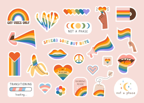 ilustraciones, imágenes clip art, dibujos animados e iconos de stock de conjunto vectorial de símbolos de la comunidad lgbtq con banderas del orgullo, signos de género, elementos retro de color arco iris. pegatinas del mes del orgullo. desfile gay groovy celebración. iconos de estilo plano lgbt y colección de lemas. - honor