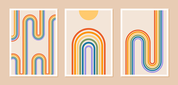 Set of abstract posters with rainbow and sun or moon. Contemporary minimalist background in modern boho style. Mid century wall decor, art print with LGBT symbol. Pride patterns. Vector illustration