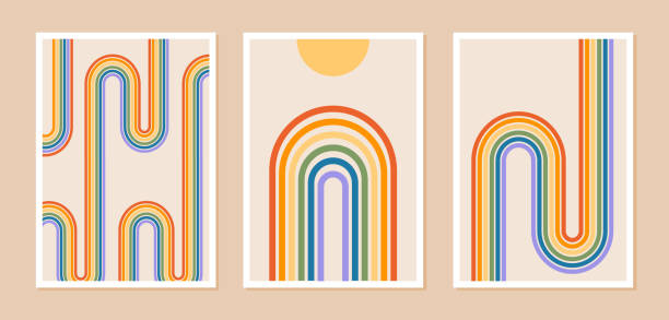 Set of abstract posters with rainbow and sun or moon. Contemporary minimalist background in modern boho style. Mid century wall decor, art print with LGBT symbol. Pride patterns. Vector illustration. Set of abstract posters with rainbow and sun or moon. Contemporary minimalist background in modern boho style. Mid century wall decor, art print with LGBT symbol. Pride patterns. Vector illustration pride month rainbow stock illustrations