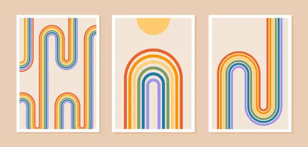 Vector illustration of Set of abstract posters with rainbow and sun or moon. Contemporary minimalist background in modern boho style. Mid century wall decor, art print with LGBT symbol. Pride patterns. Vector illustration.