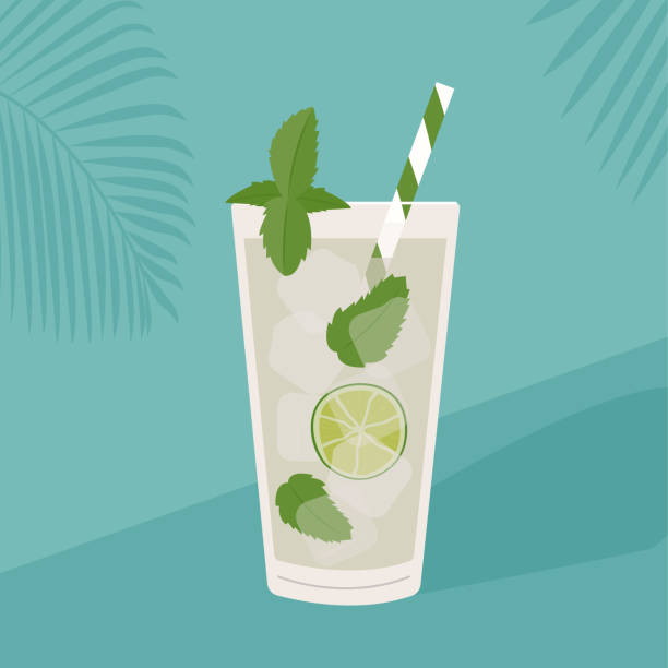 ilustrações de stock, clip art, desenhos animados e ícones de mojito cocktail with ice, lime slice and mint leaves. summer aperitif with rum, lime juice and soda garnished with mint sprig. alcoholic beverage with straw. vector illustration on tropical background - caipiroska