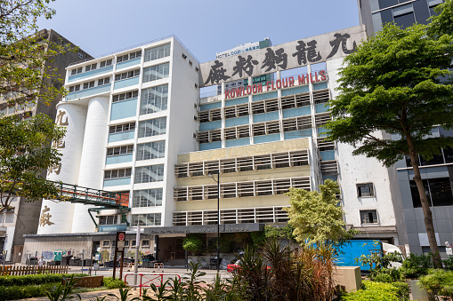 Hong Kong - May 20, 2022 : General view of the Kowloon Flour Mills in Kwun Tong, Kowloon, Hong Kong. It is the only surviving flour mill in Hong Kong.