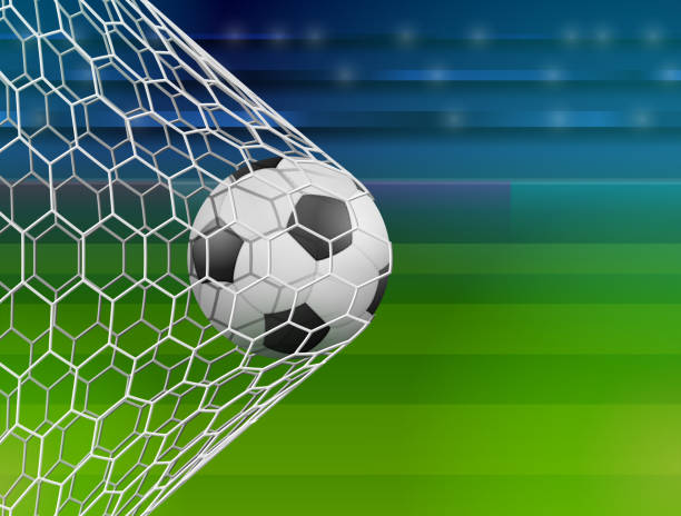 piłka nożna w siatce na bramkę, widok z boku - bramka sprzęt sportowy stock illustrations
