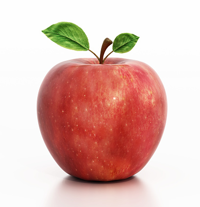 Whole and sliced red apples with green leaves isolated on white background. Top view.