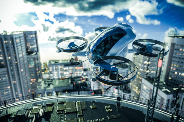 eVTOL ready to land on the roof tarmac stock photo