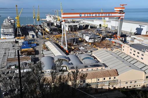 Ancona, Italy - December 15, 2019: The Fincantieri shipyard in the Port of Ancona.