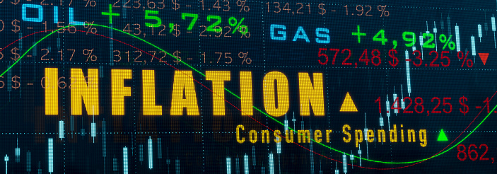 Information screen with financial datas, increased oil and gas prices, charts and diagrams. Rising consumer spending, rising energy prices and inflation concept. 3D illustration