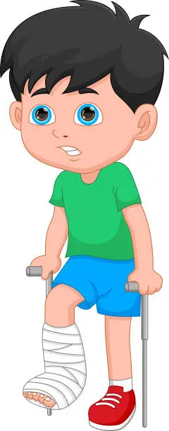 Vector illustration of boy with broken leg and using crutches