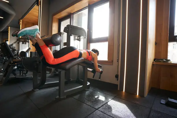 Sportswoman lying on exercise machine and performing leg curl in fitness club