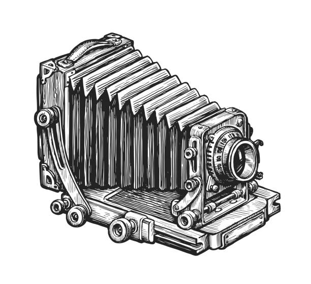 오래된 사진 카메라 스케치. 빈티지 조각 스타일로 손으로 그린 사진 컨셉. 벡터 일러스트 레이 션 - architectural detail illustrations stock illustrations