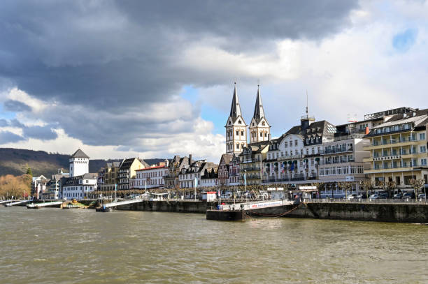 Boppard, Germany - April 2022: Waterfront buildings in Boppard, a popular toruism destination, which sits on the banks of the River Rhine