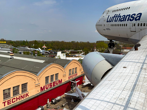 Speyer, Germany - April 2022: Close up view of the front of a Lufthansa Boeing 747 preserved in the Technik Transport Musuem in Speyer