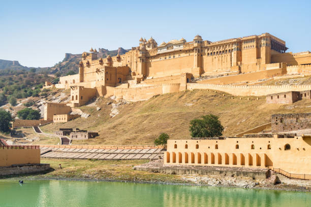 View of the Amer Fort and the Maota Lake, India stock photo