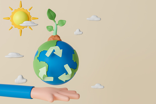 3d rendering concept ecology and environment illustration with hand holding earth with recycle icon.