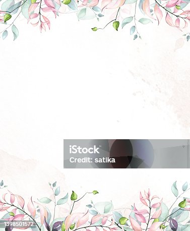 istock Watercolor frame arrangement with blue, green, turquoise, violet, pink flowers, branches, leaves, eucalyptus twigs. 1398501572