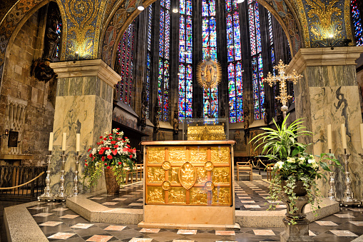 Interior of the Aachen Cathedral shows an unusual amount of gold and the Byzantine-style mosaics