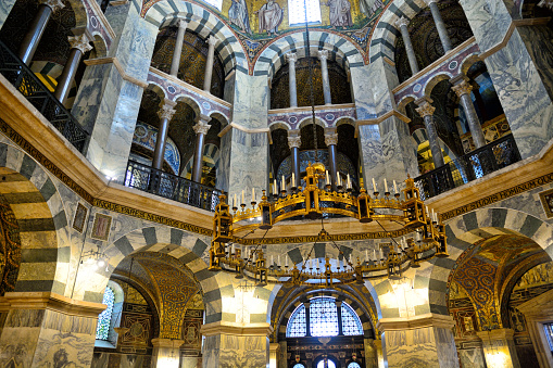 The Barbarossa chandelier installed under the cupola of the Palatine Chapel in Aachen Cathedral, Germany