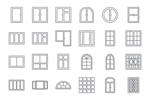 Vector window icons. Editable stroke. Set line architectural symbols. Elements of interior buildings. Round arched french frames. Single double glass block. With a door.