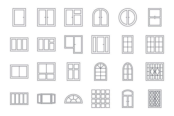 Vector window icons. Editable stroke. Set line architectural symbols. Elements of interior buildings. Round arched french frames. Single double glass block with a door Vector window icons. Editable stroke. Set line architectural symbols. Elements of interior buildings. Round arched french frames. Single double glass block. With a door. window frame stock illustrations